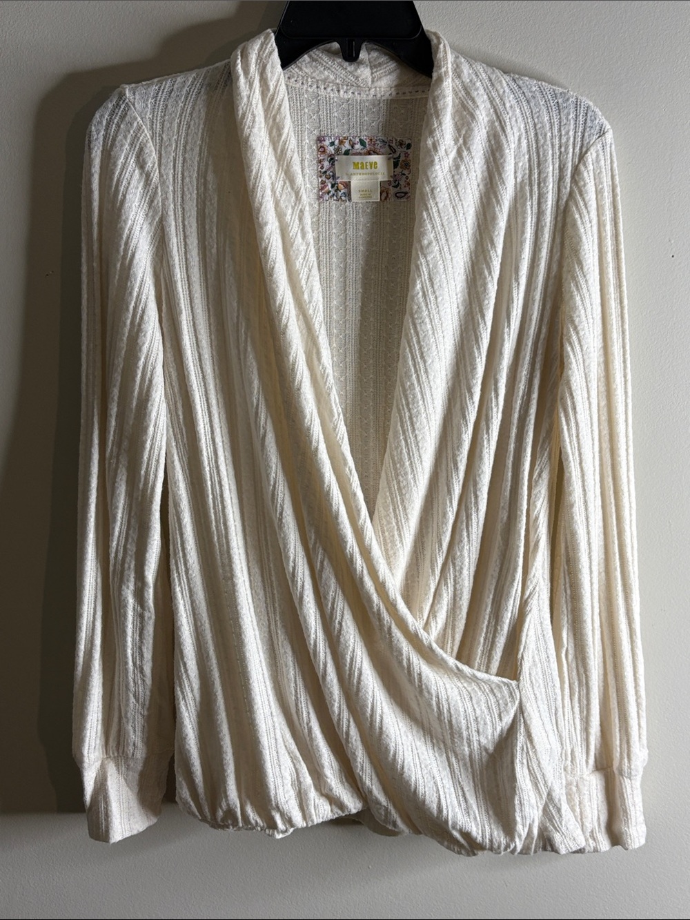 Maeve Cream Draped Ribbed V-Neck Sweater